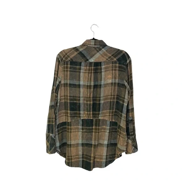 Free People Brown Plaid Flannel Button Up Pockets Long Blouse XS - Picture 5 of 6